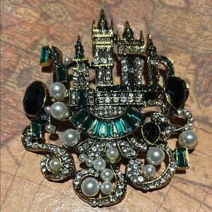 Oversized Elegant Goldtone Black, Green & Pearl Castle Brooch
